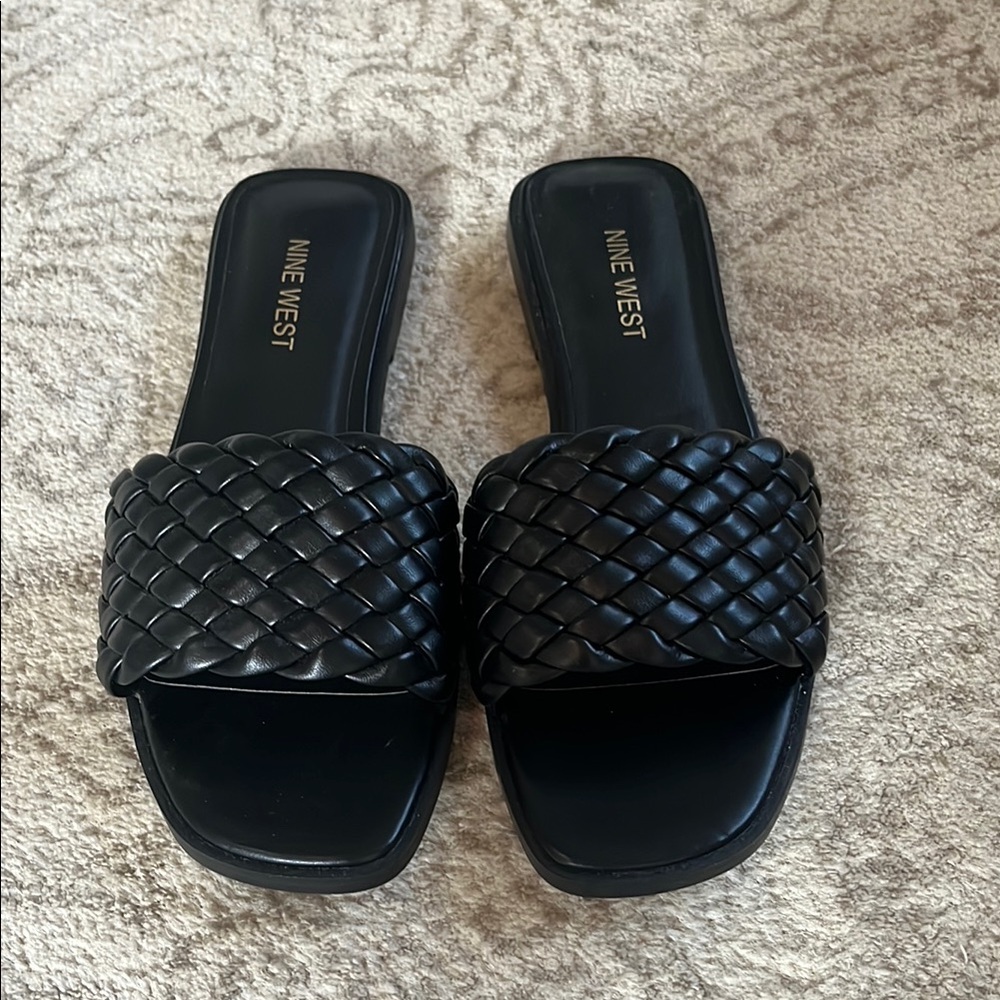 NEW Nine West Black Quilted Slide Sandals